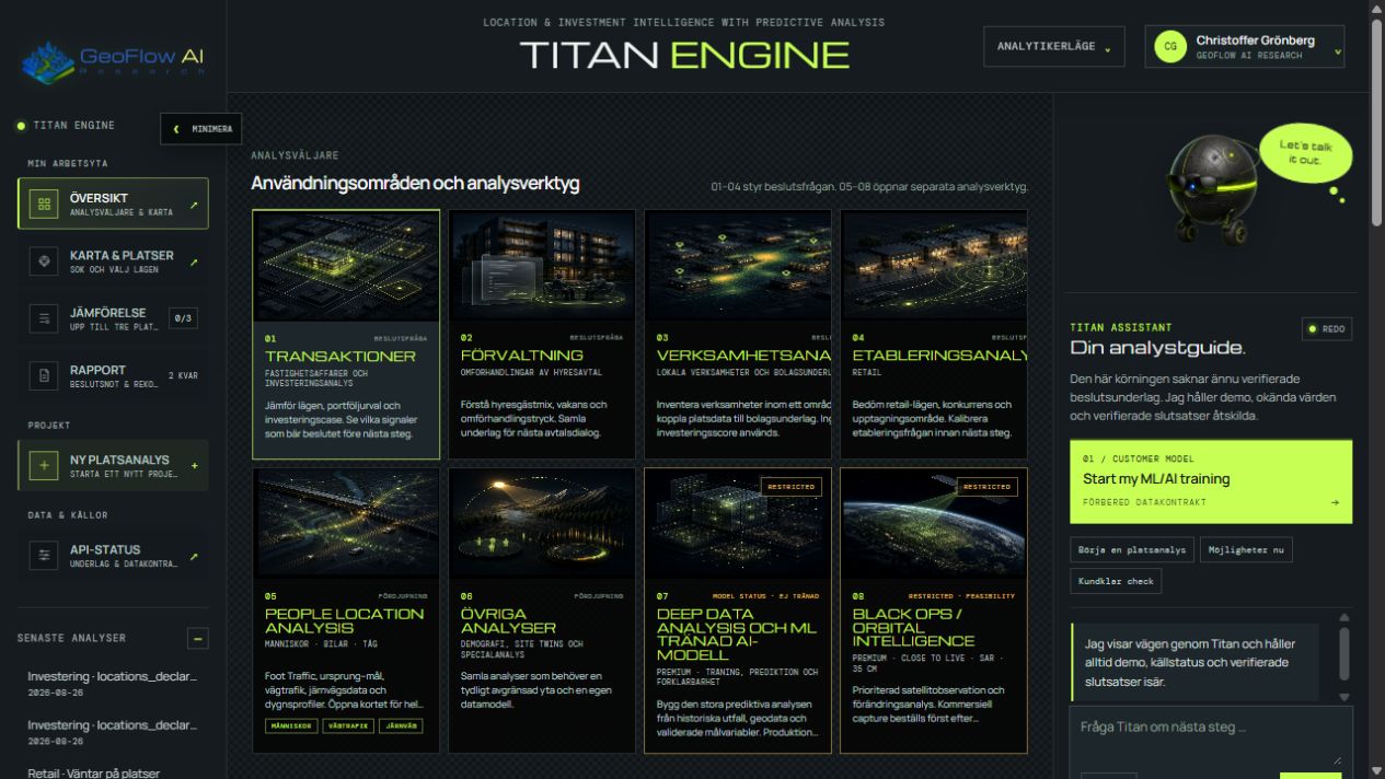 Titan Engines arbetsyta med karta, analyskort och datastatus